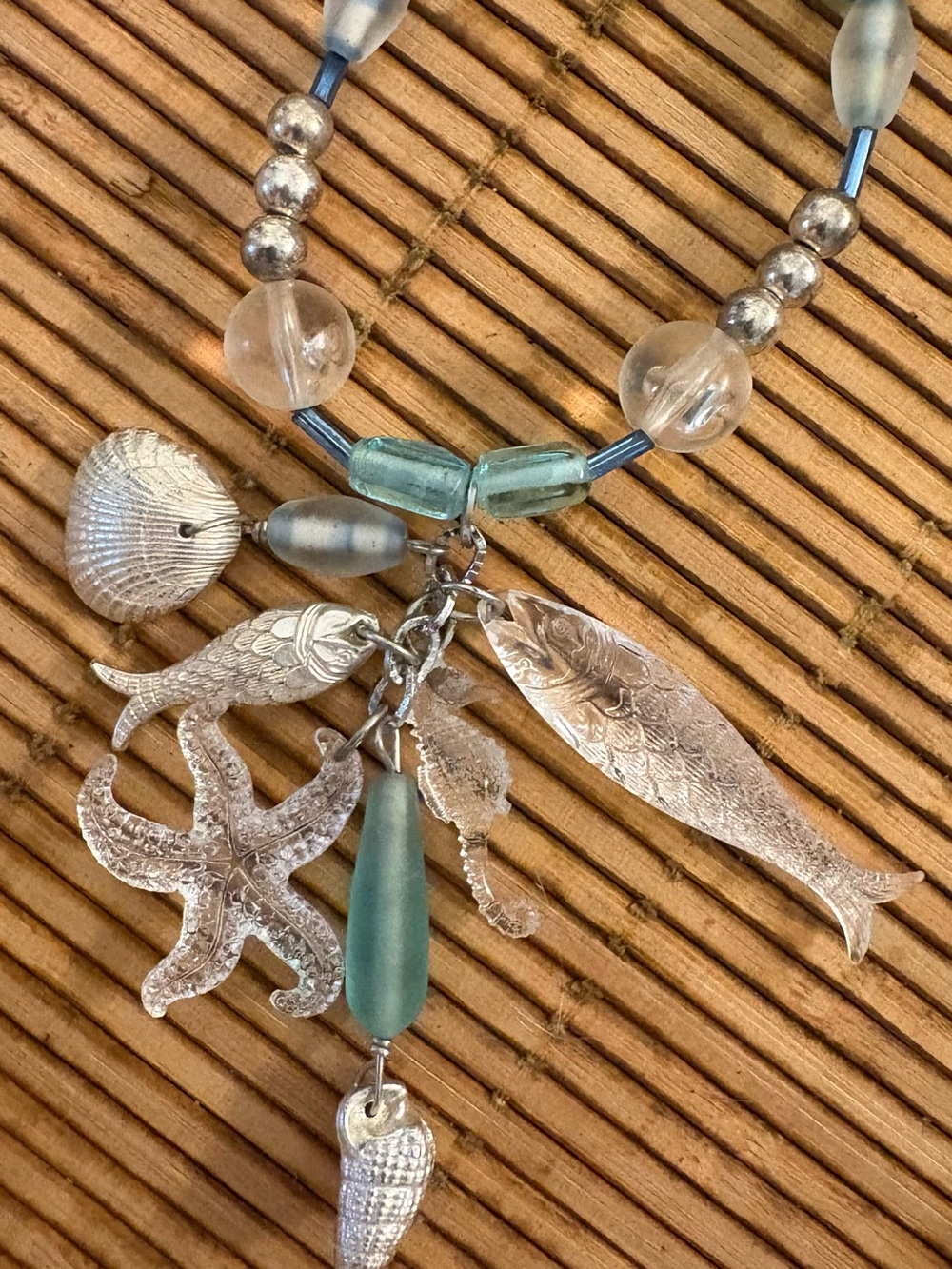 Sea Life Charm 30” Necklace in Sea Glass Teal & Silver Tone